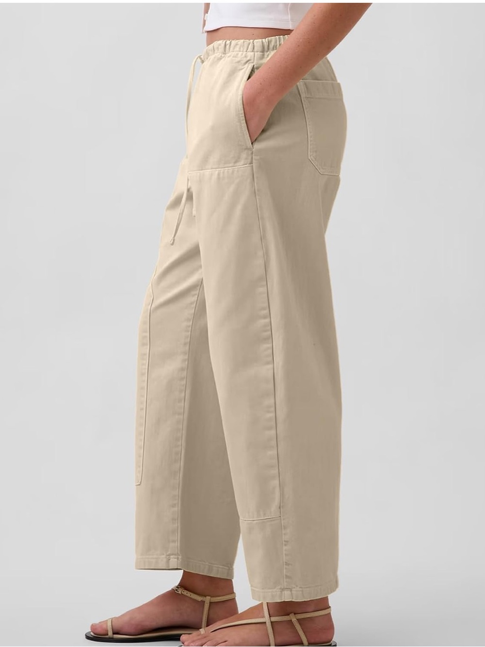 NWT Amazon Double Knee Barrel Elastic Waist Palazzo Cropped Pants in Khaki $40